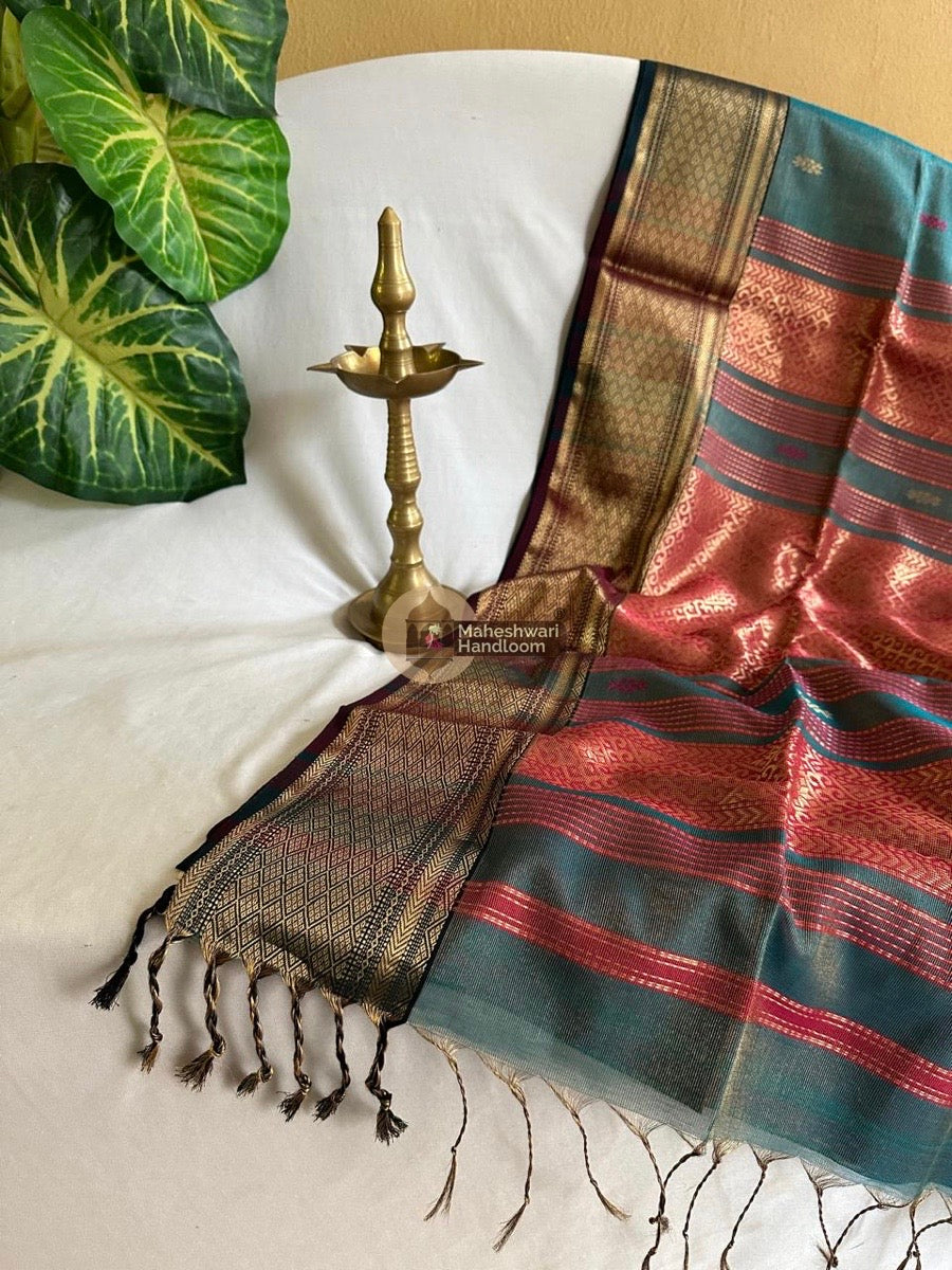 Maheshwari Peacock Blue Tissue Rich Pallu Saree 01