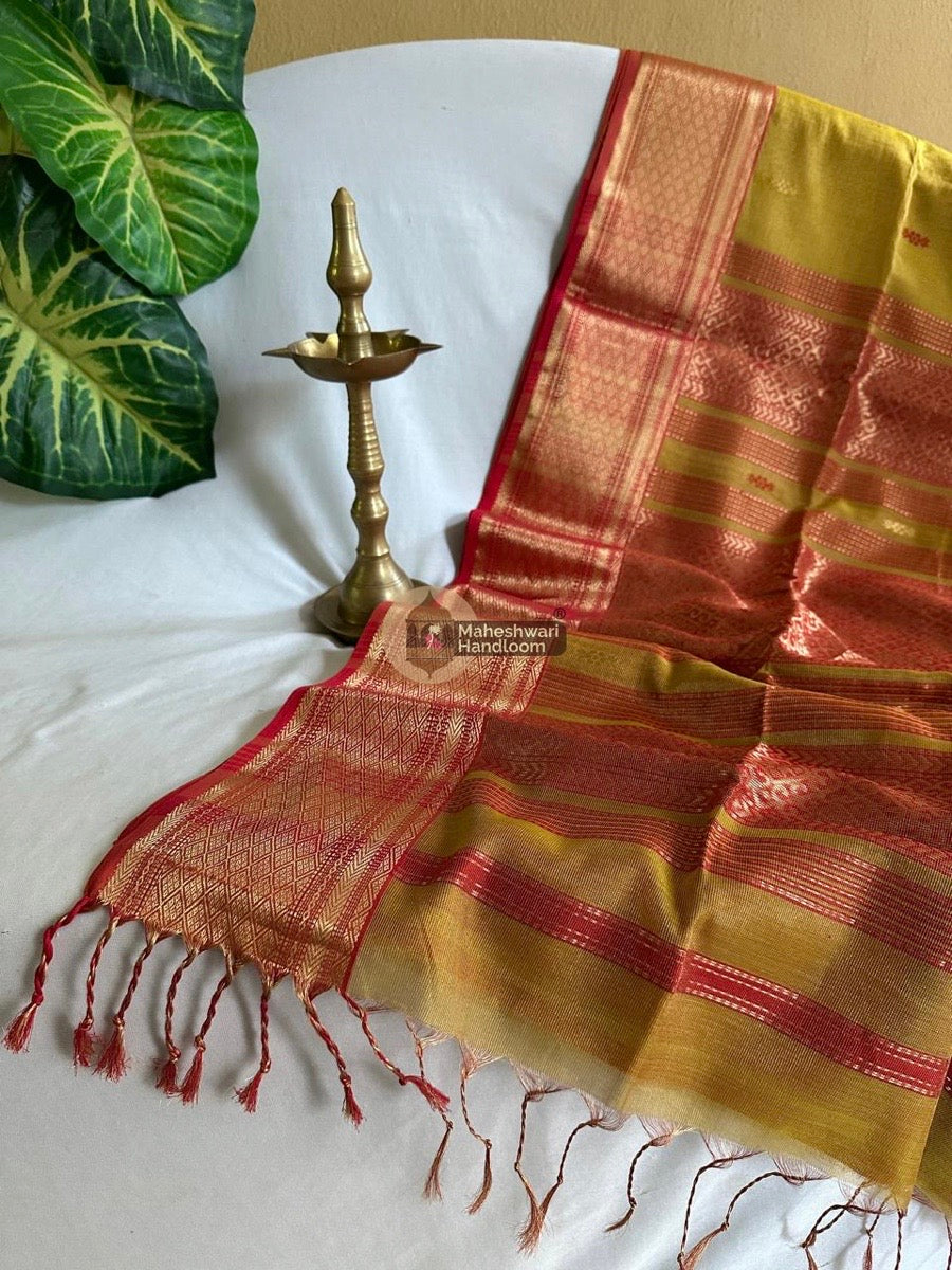 Maheshwari Mustard Yellow Tissue Rich Pallu Saree 08