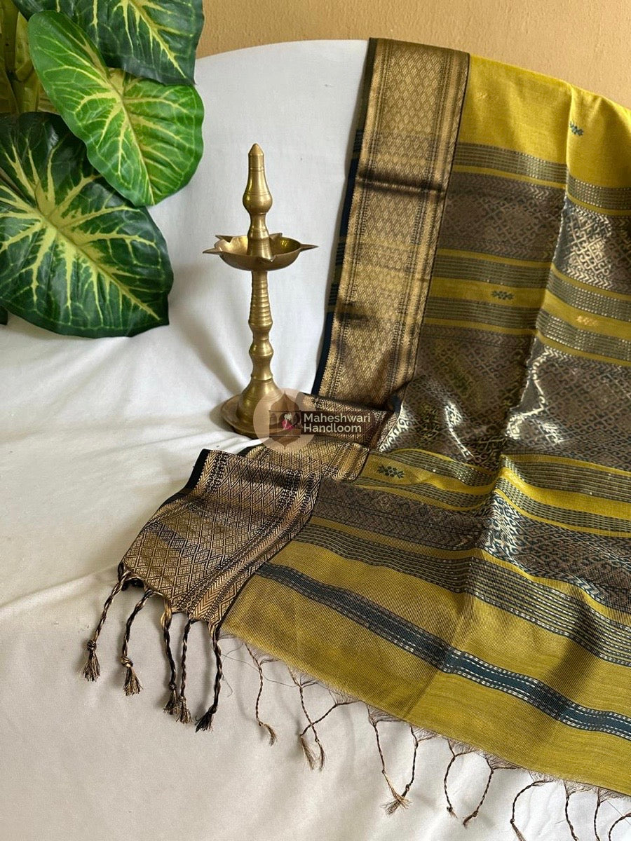 Maheshwari Dark Mustard Yellow Tissue Rich Pallu Saree 012
