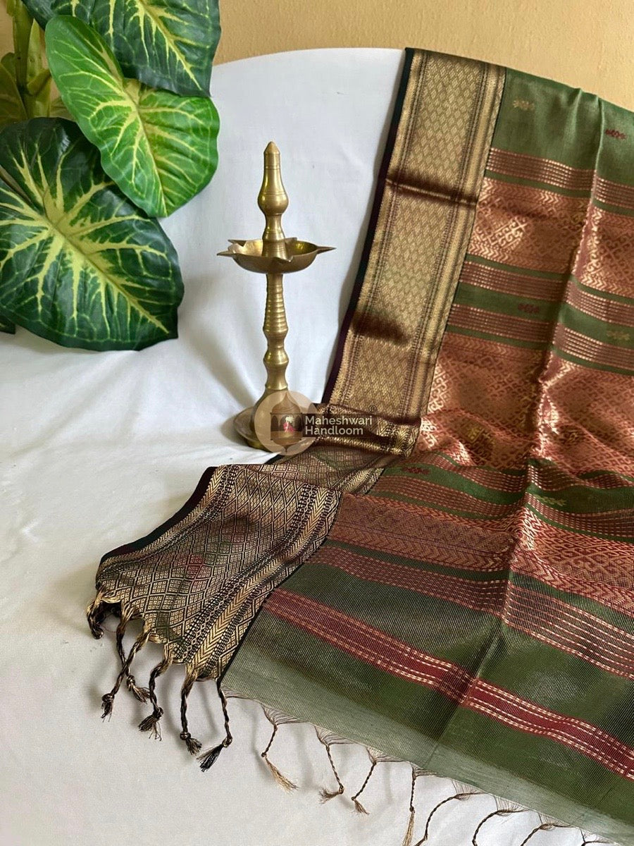 Maheshwari Olive Green Tissue Rich Pallu Saree 013