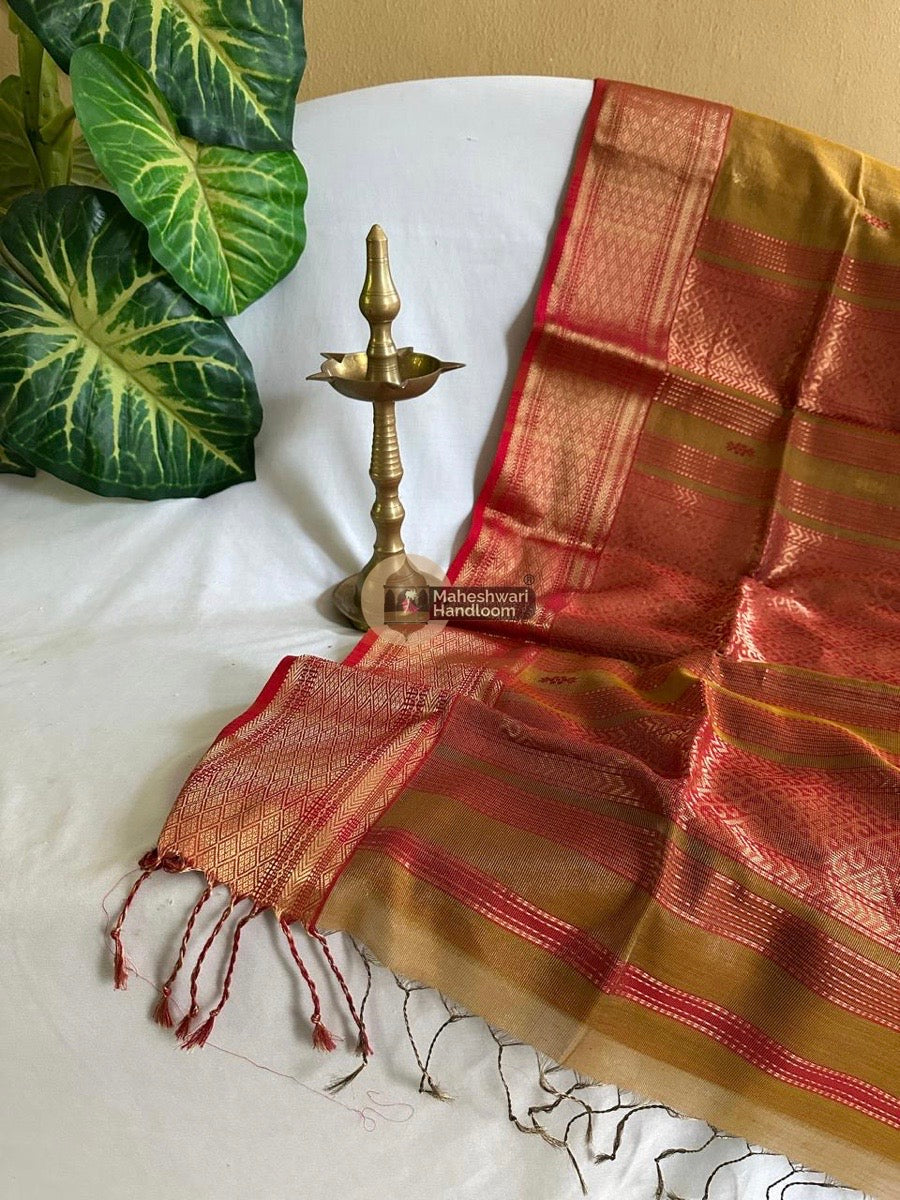 Maheshwari Mustard Yellow Tissue Rich Pallu Saree 019