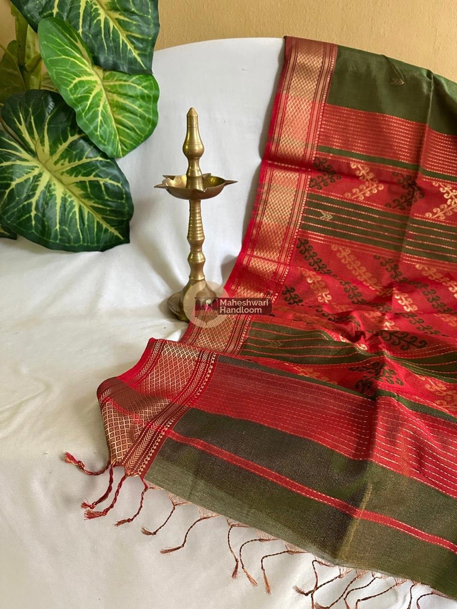 Maheshwari Dark Olive Green Tissue Rich Pallu Saree 016