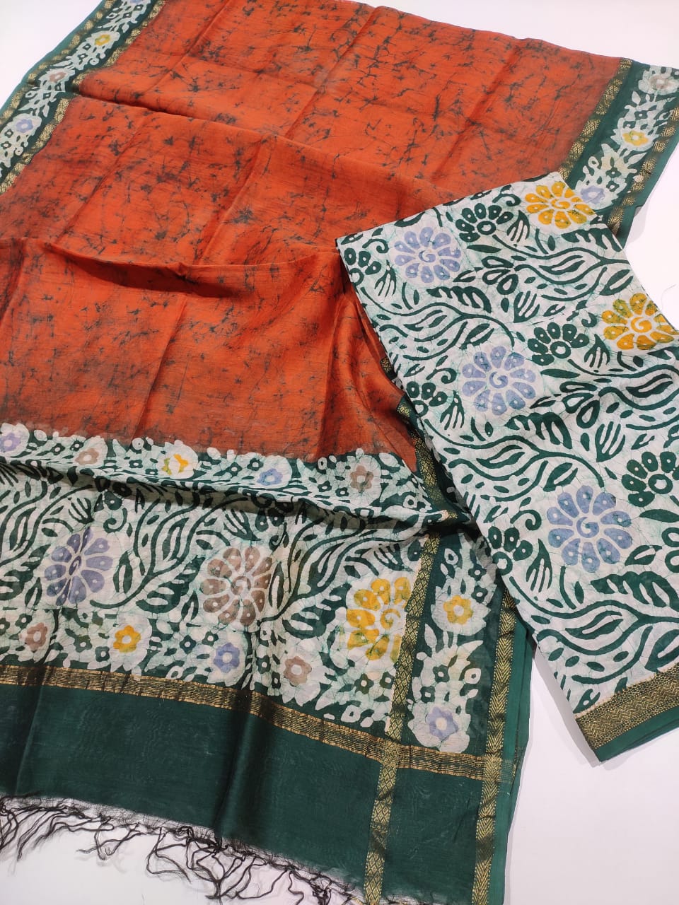 Orange Green Maheshwari Batik Print Suit