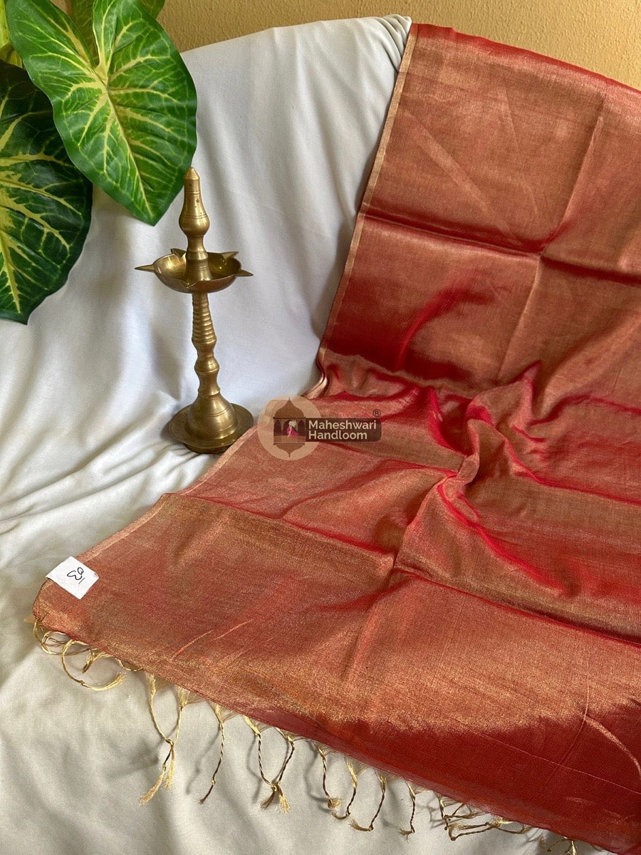 Pure Maheshwari rust Orange red Tissue silk saree 