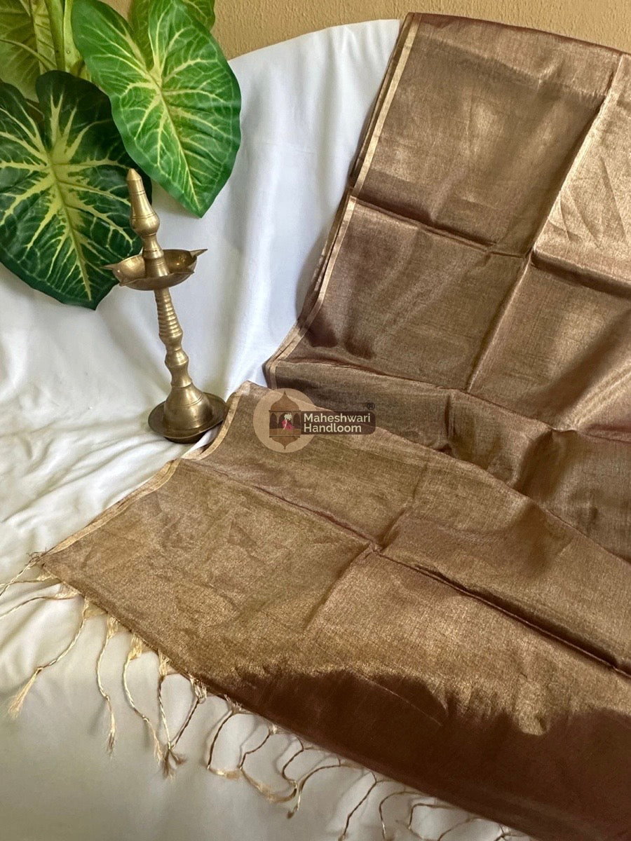 Maheshwari Golden Brown Tissue Silk Saree 