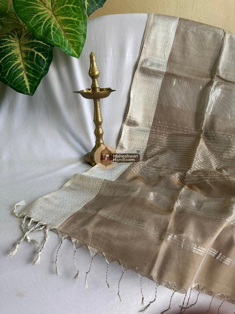 Maheshwari Dark Beige Silver Tissue Silk Saree