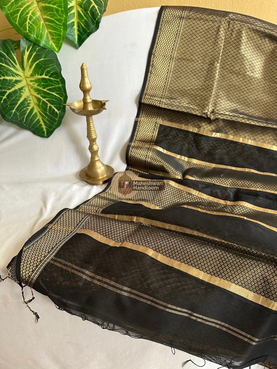 Maheshwari Black Golden 4 Pedal Tissue Silk Saree