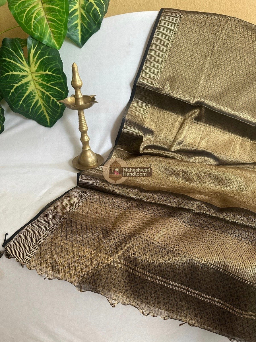 Maheshwari Golden Black 4 Pedal Tissue Silk Saree
