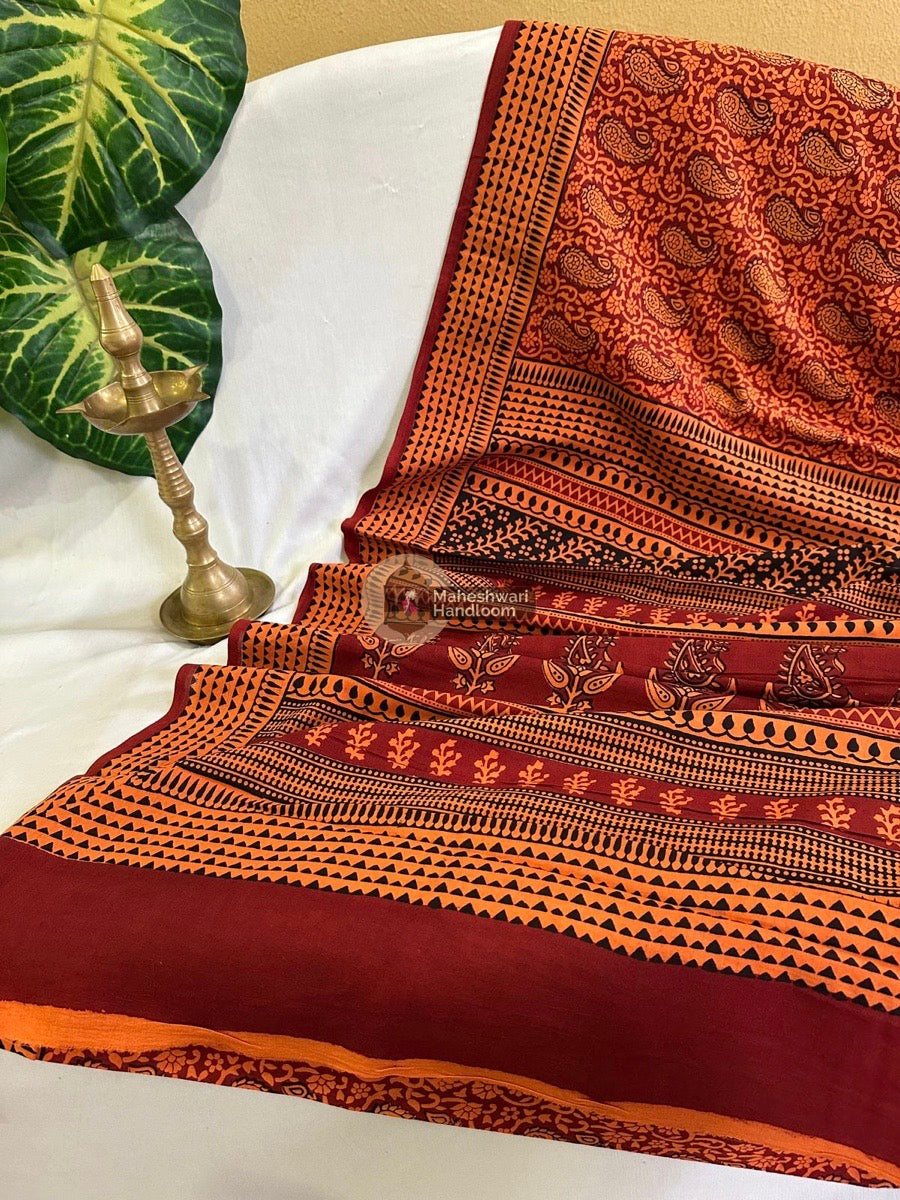 Orange Bagh Print Cotton Saree - 08