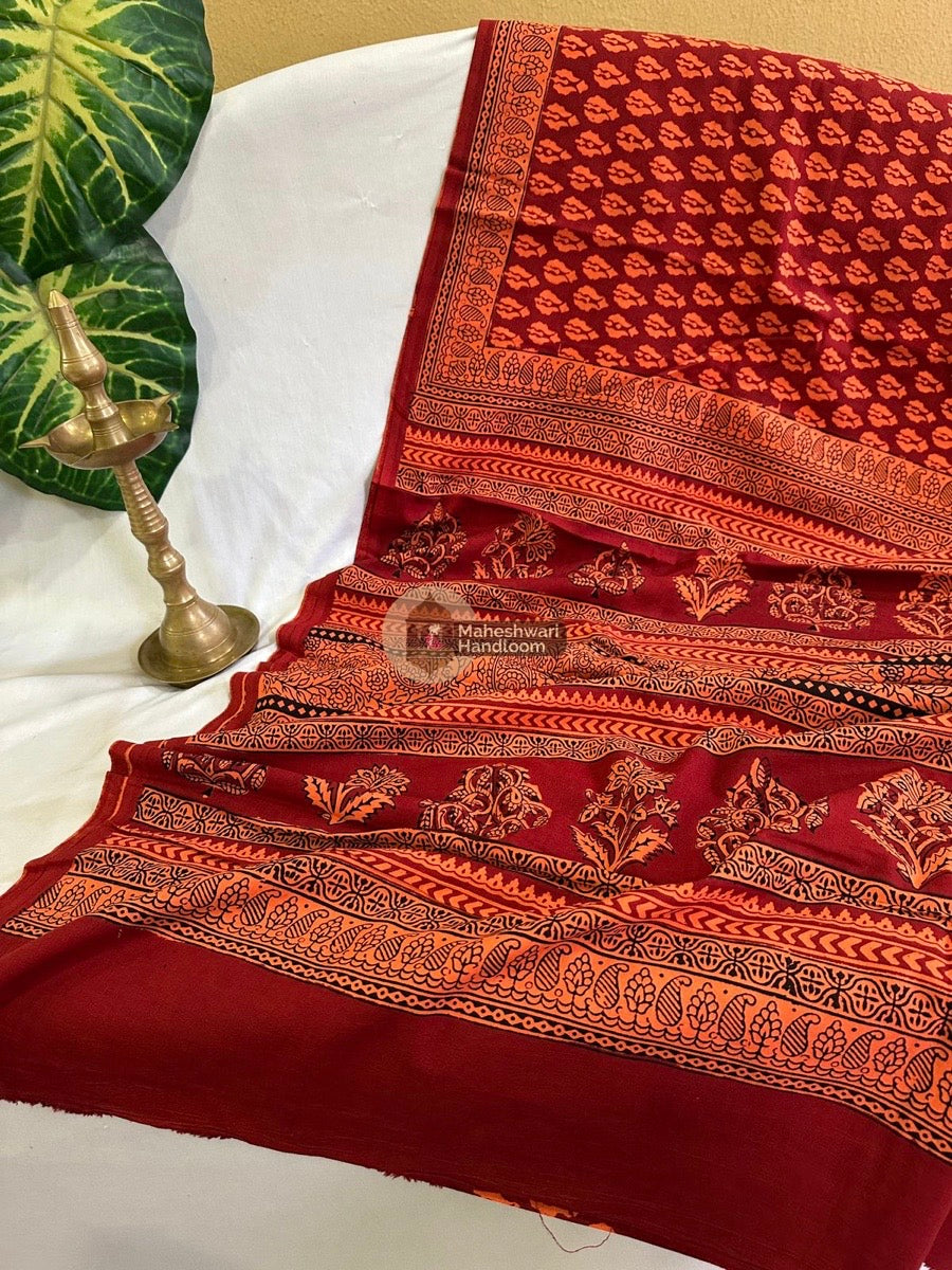 Red Bagh Print Cotton Saree - 09