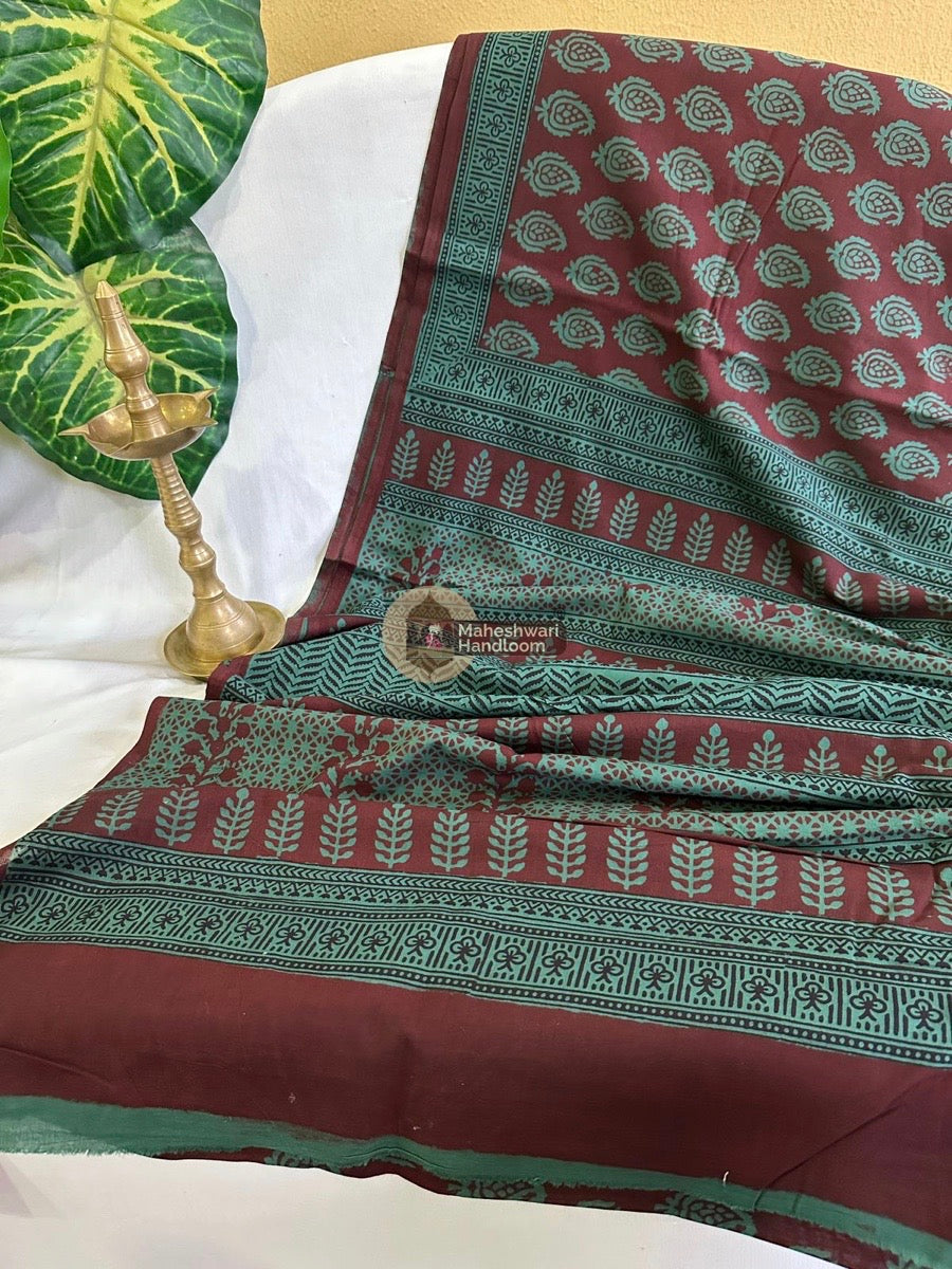Rama Green Bagh Print Cotton Saree - 18