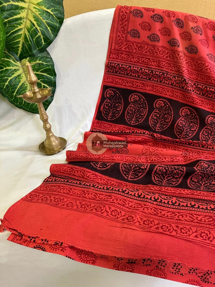 Red Bagh Print Cotton Saree - 21