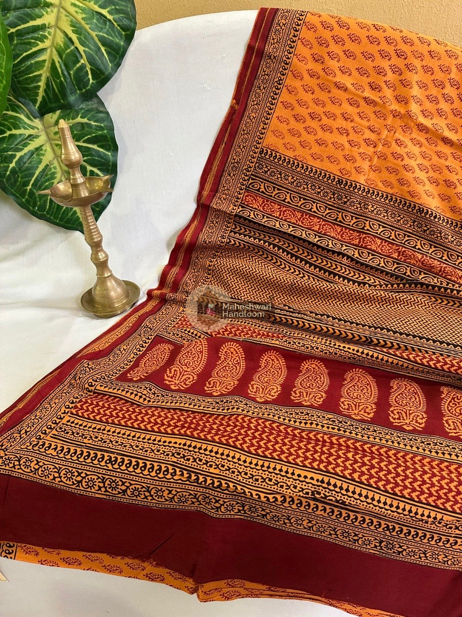 Orange Bagh Print Cotton Saree - 01