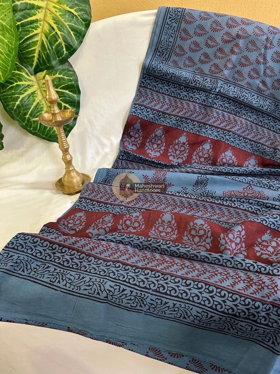 Blue Bagh Print Cotton Saree - 04