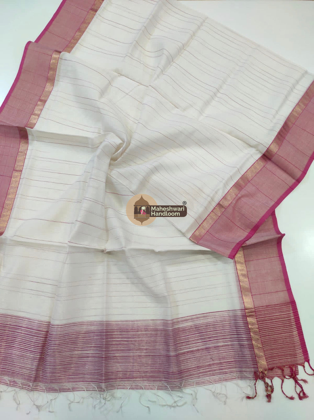 Maheshwari White Silk Dupatta - 03