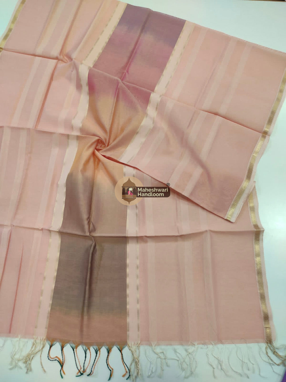 Maheshwari Peach Silk Dupatta 