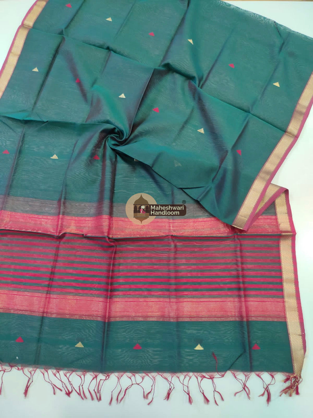 Maheshwari Peacock Blue Silk Dupatta
