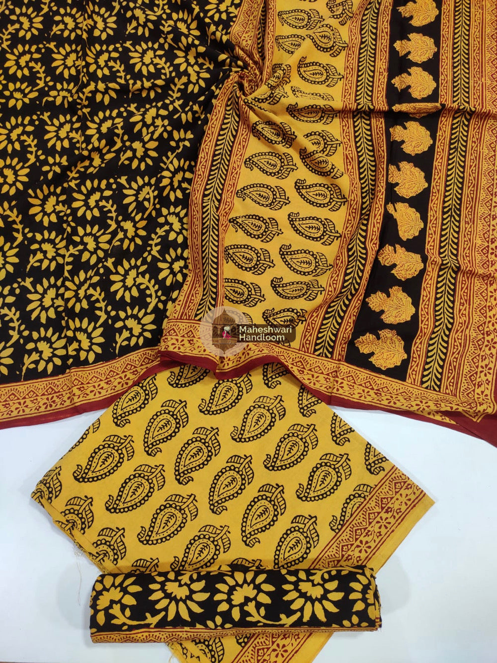 Yellow Black Bagh Print Cotton Suit set