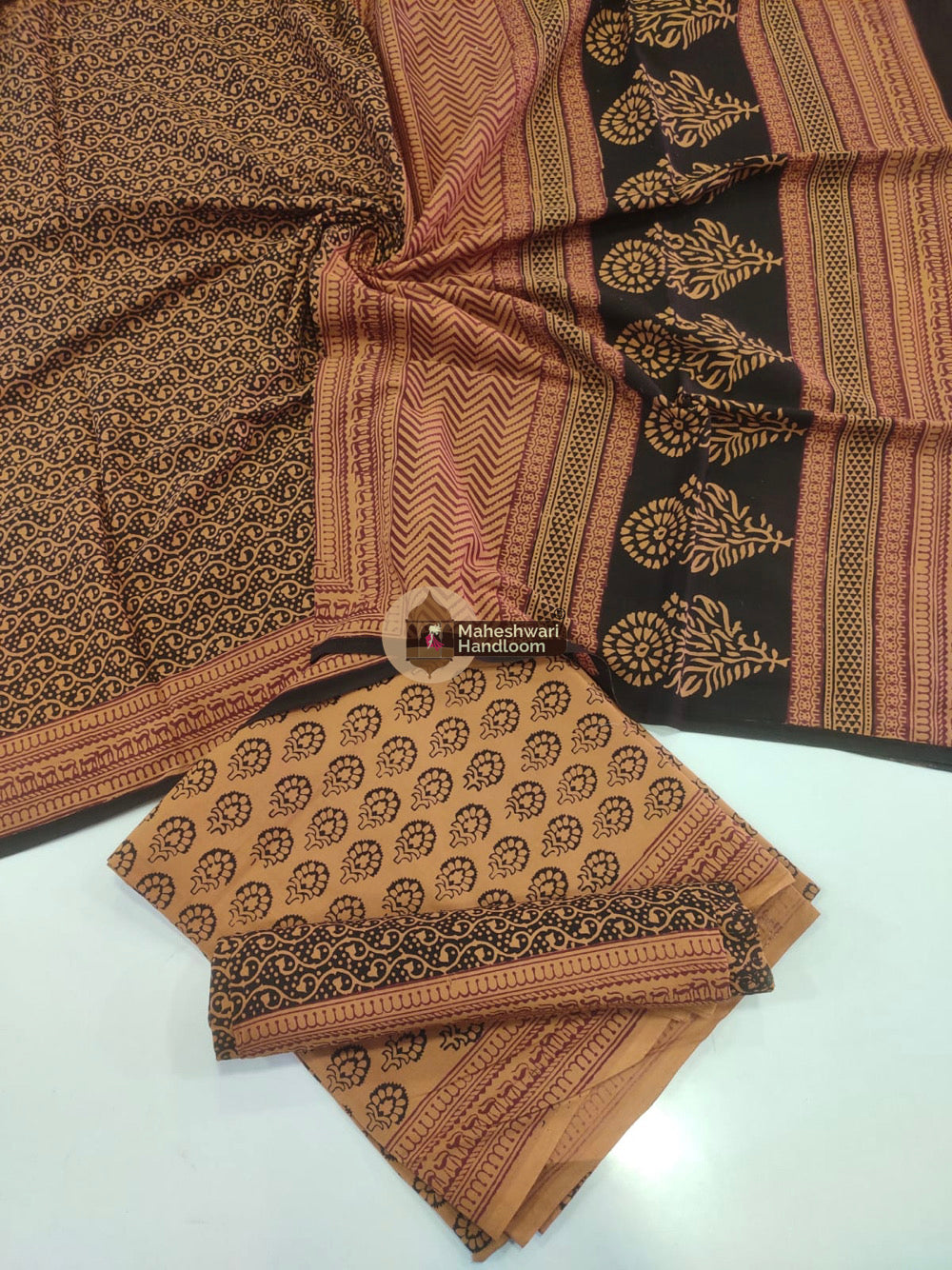 Yellow black Bagh Print Cotton Suit set 