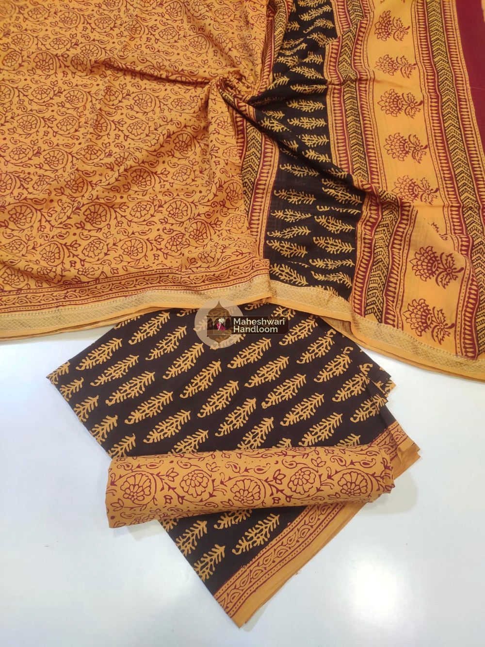 Yellow-Black Bagh Print Cotton Suit set