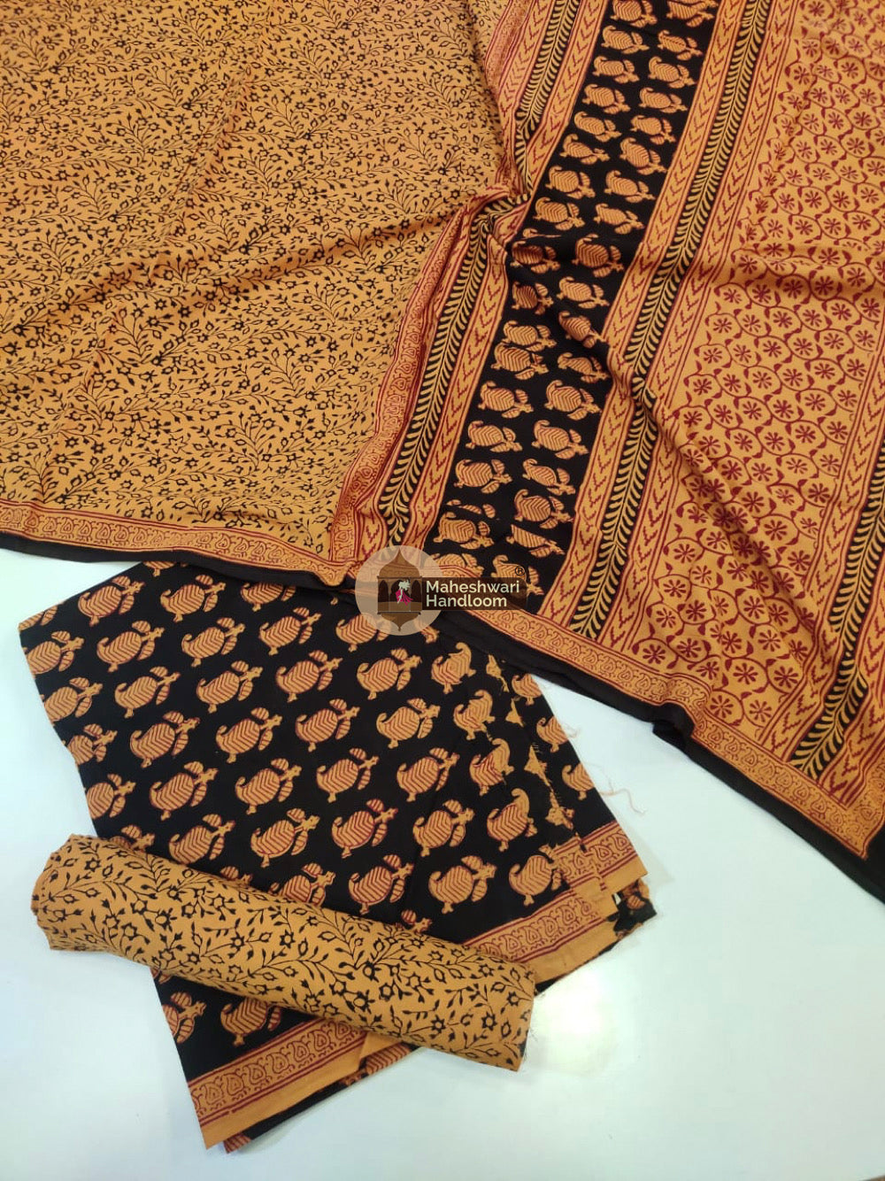 Yellow Black Bagh Print Cotton Suit set