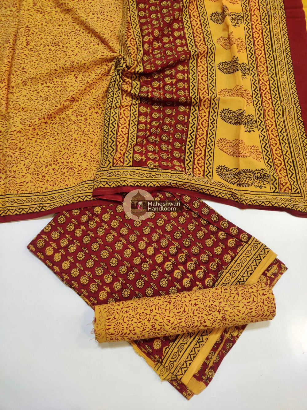 Red Yellow Bagh Print Cotton Suit set 