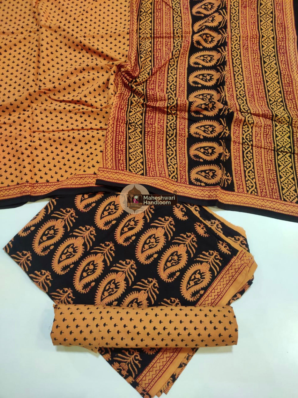 Yellow Black Bagh Print Cotton Suit set 