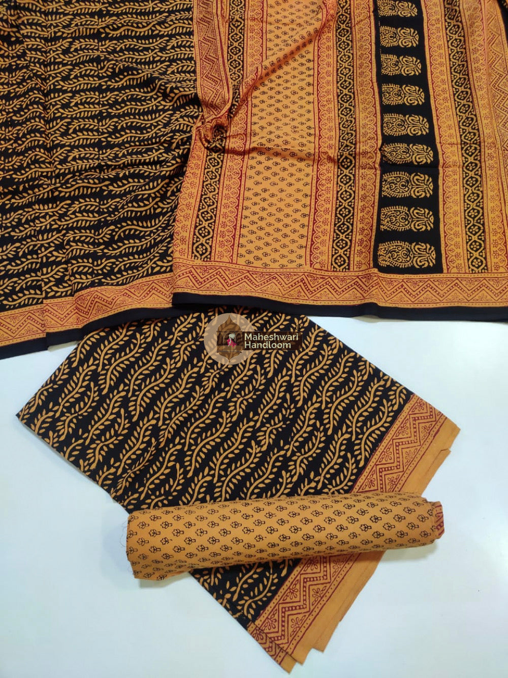 Orange Black Bagh Print Cotton Suit set