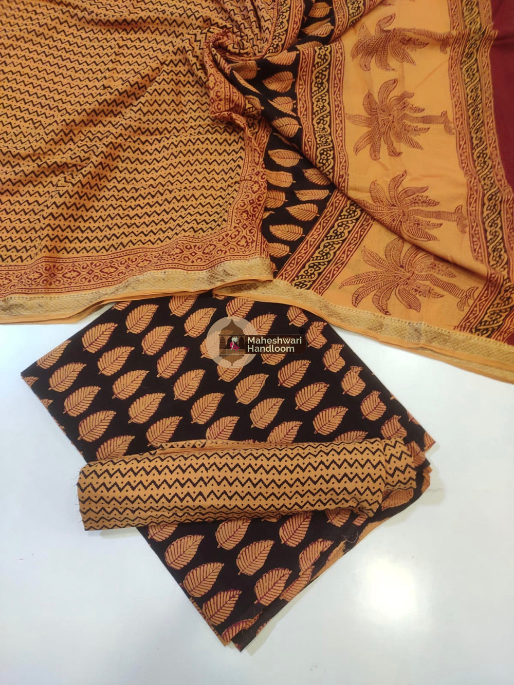 Orange Black Bagh Print Cotton Suit set 