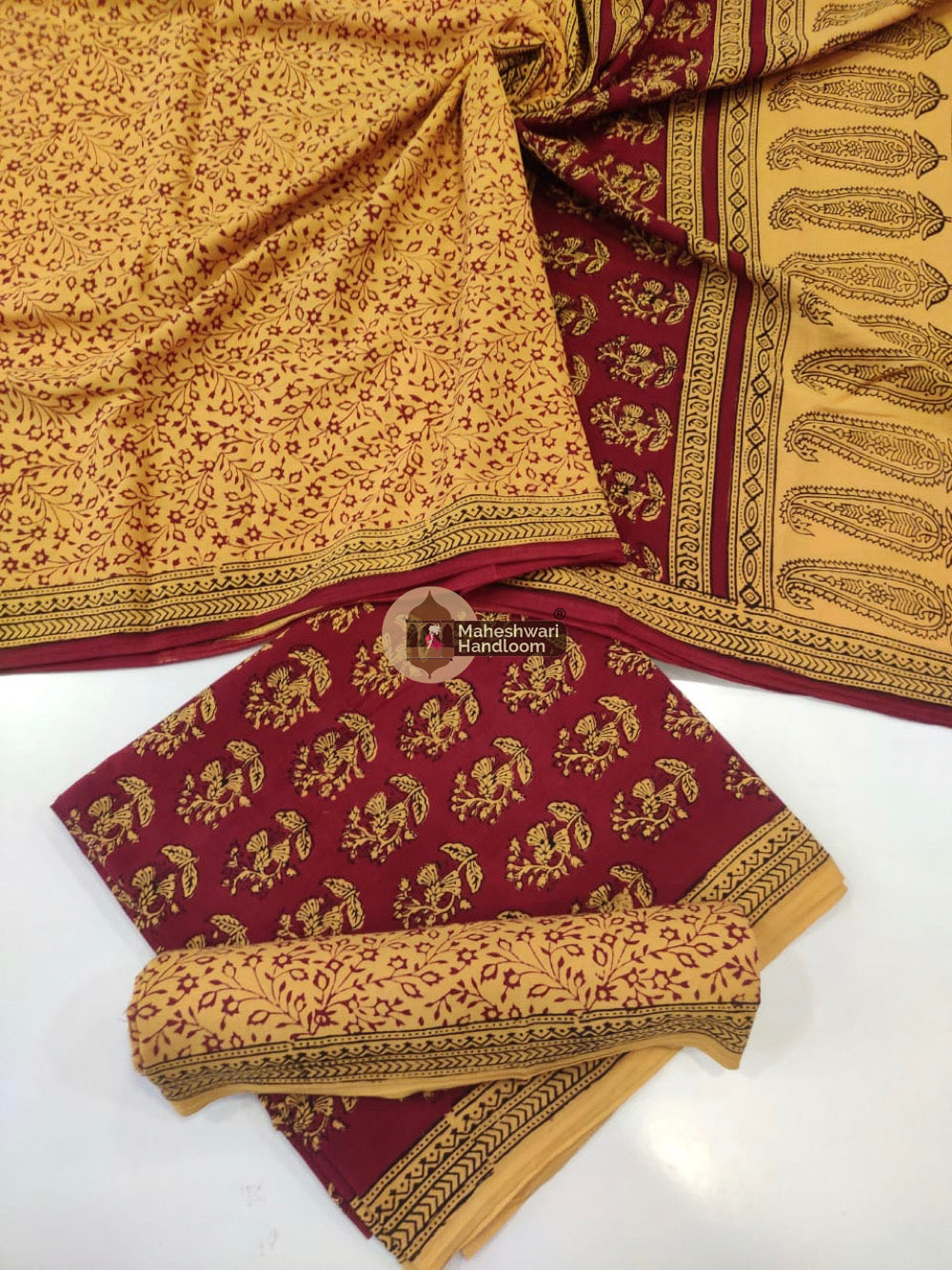 Mustard Red Bagh Print Cotton Suit set
