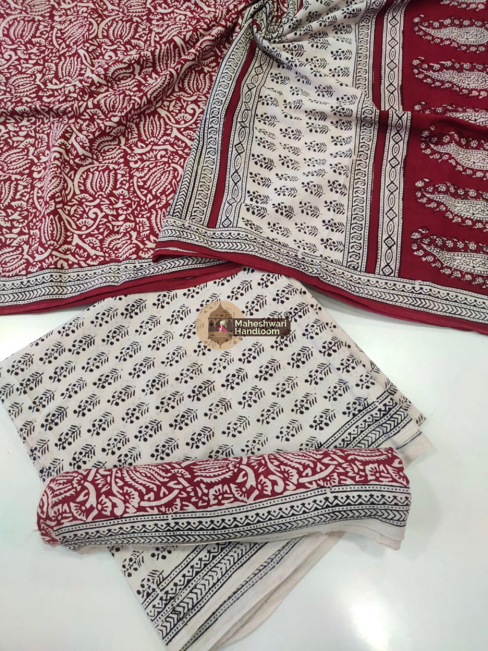 White Red Bagh Print Cotton Suit set