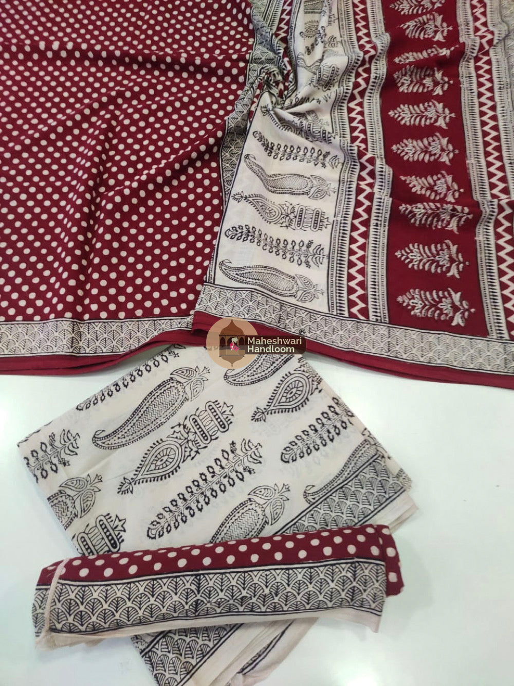 Red White Bagh Print Cotton Suit set