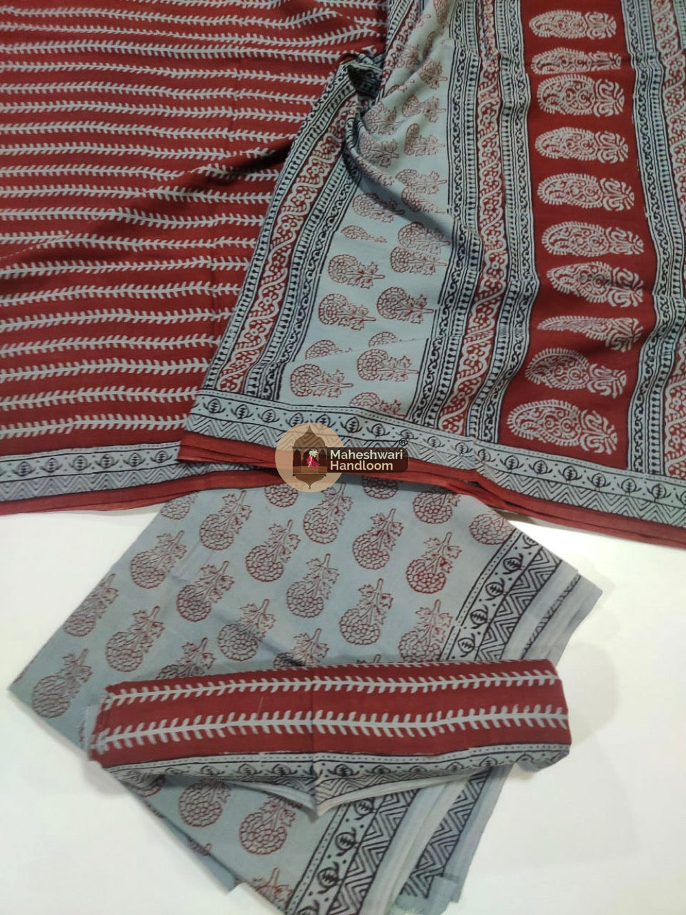 Blue Red Bagh Print Cotton Suit set 