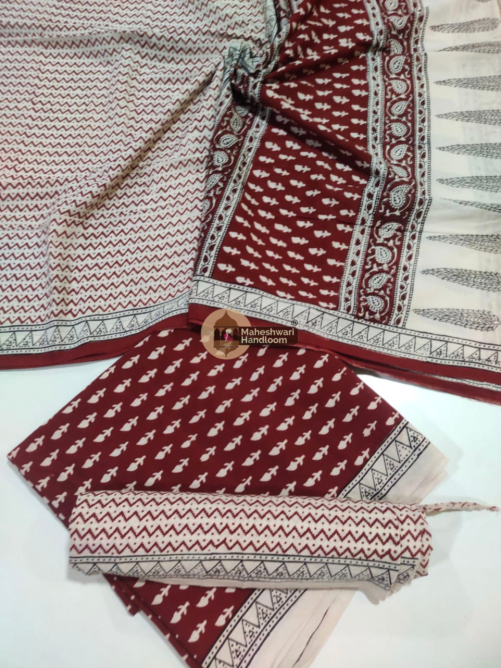 Red White Bagh Print Cotton Suit set 
