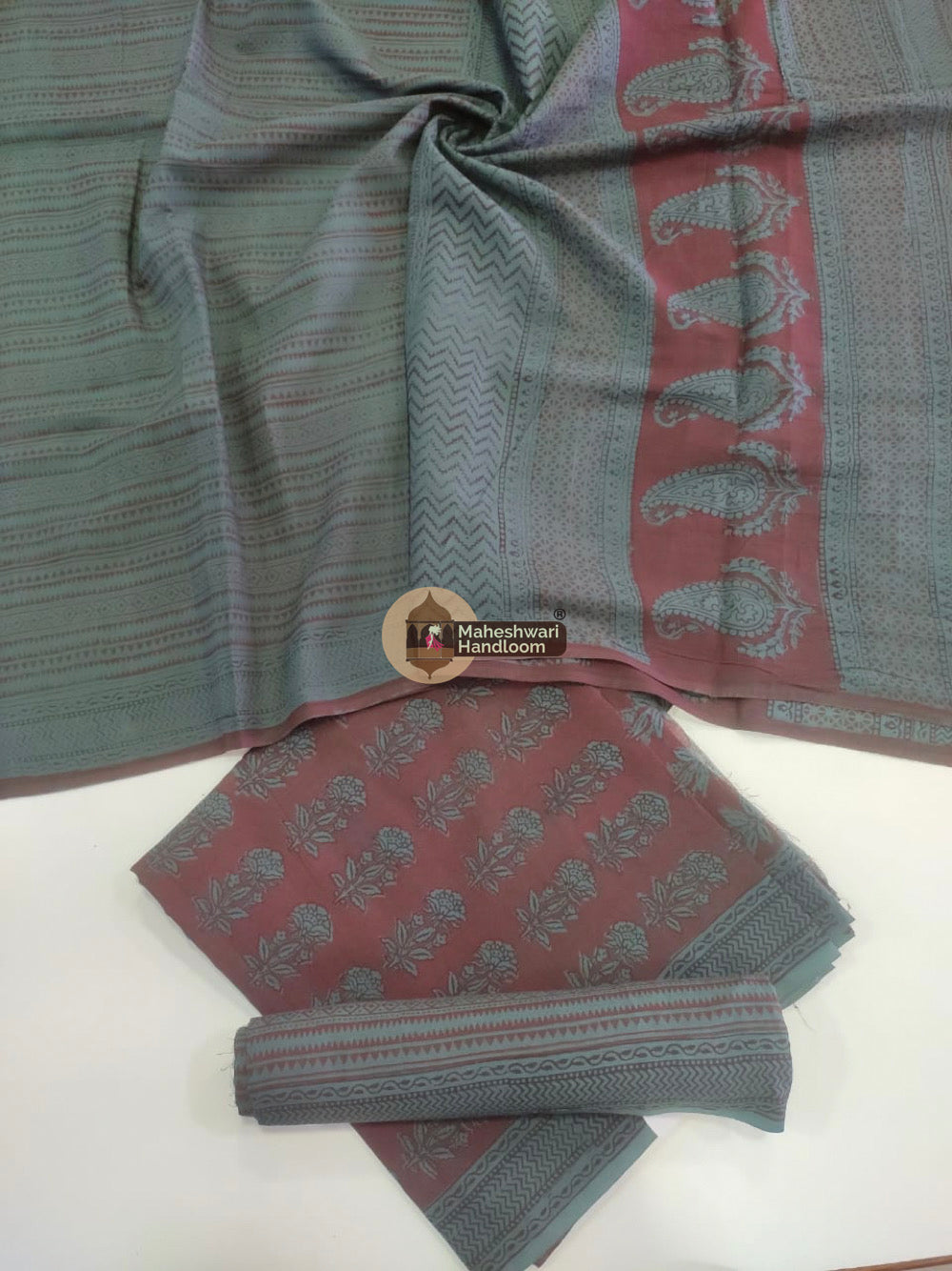 Green Red Bagh Print Cotton Suit set 