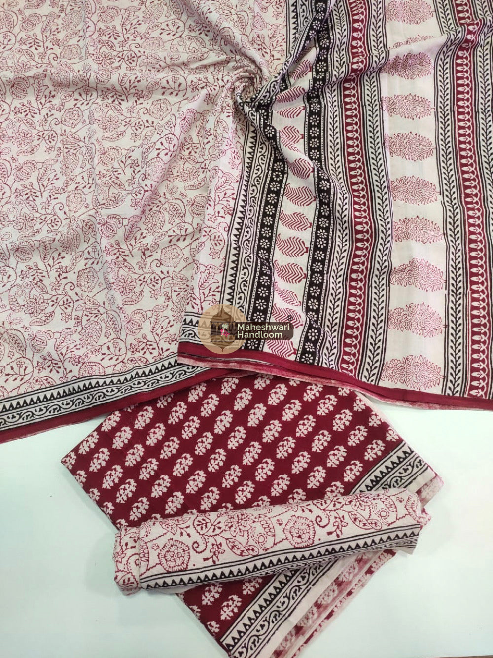 Red White Bagh Print Cotton Suit set