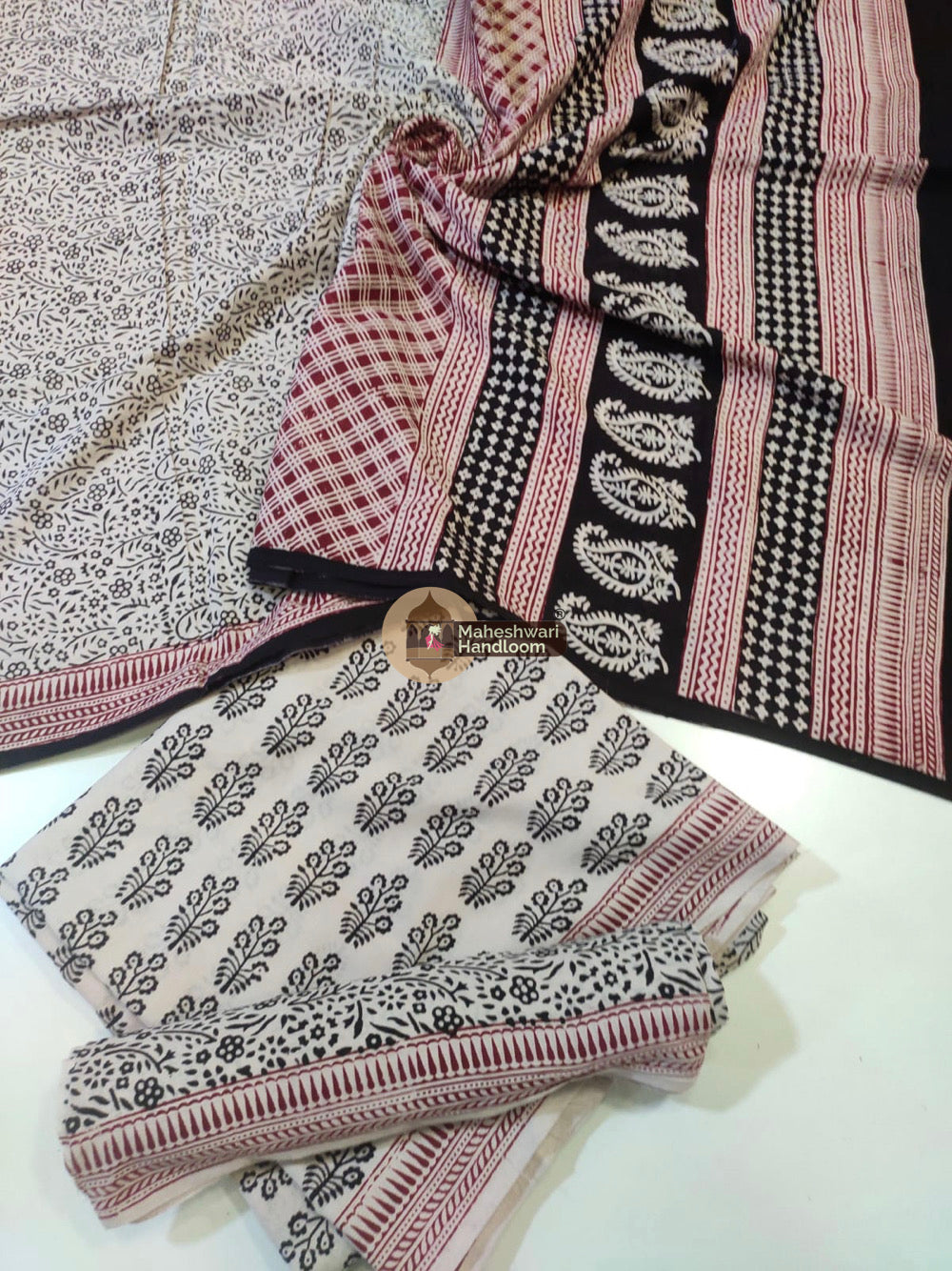 White Black Bagh Print Cotton Suit set 