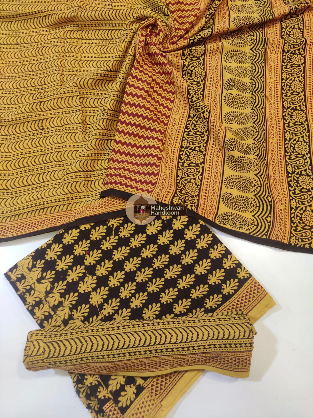 Yellow Black Bagh Print Cotton Suit set 