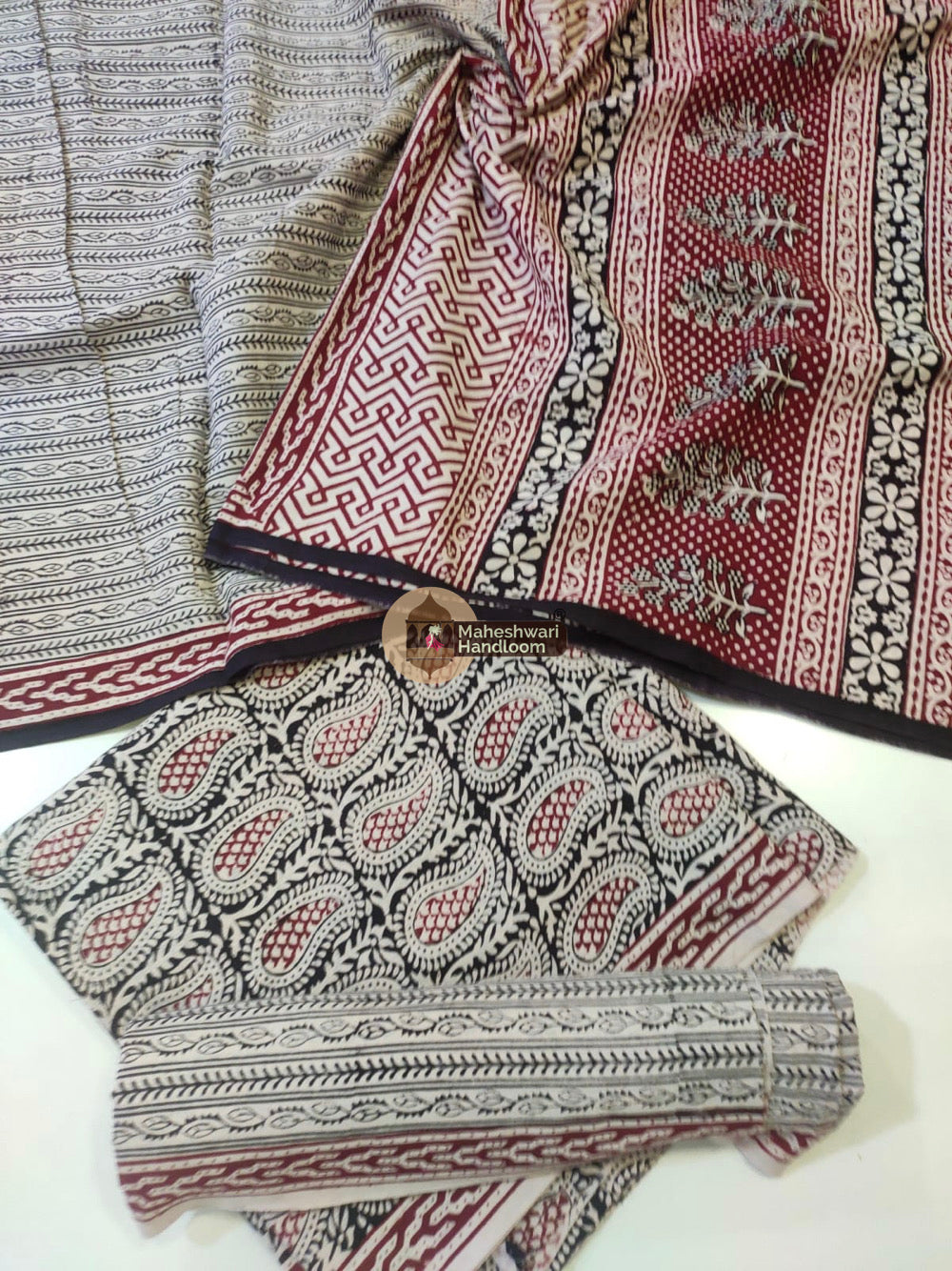 Black White Bagh Print Cotton Suit set 