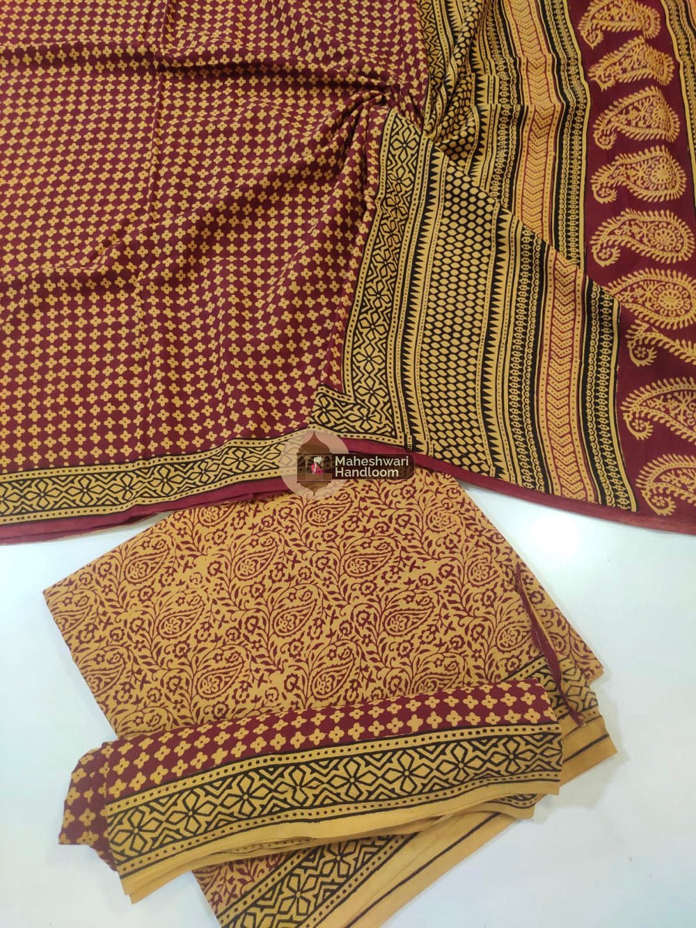 Mustard Red Bagh Print Cotton Suit set