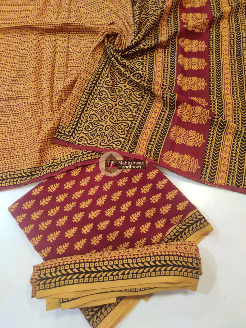 Mustard Red Bagh Print Cotton Suit set 