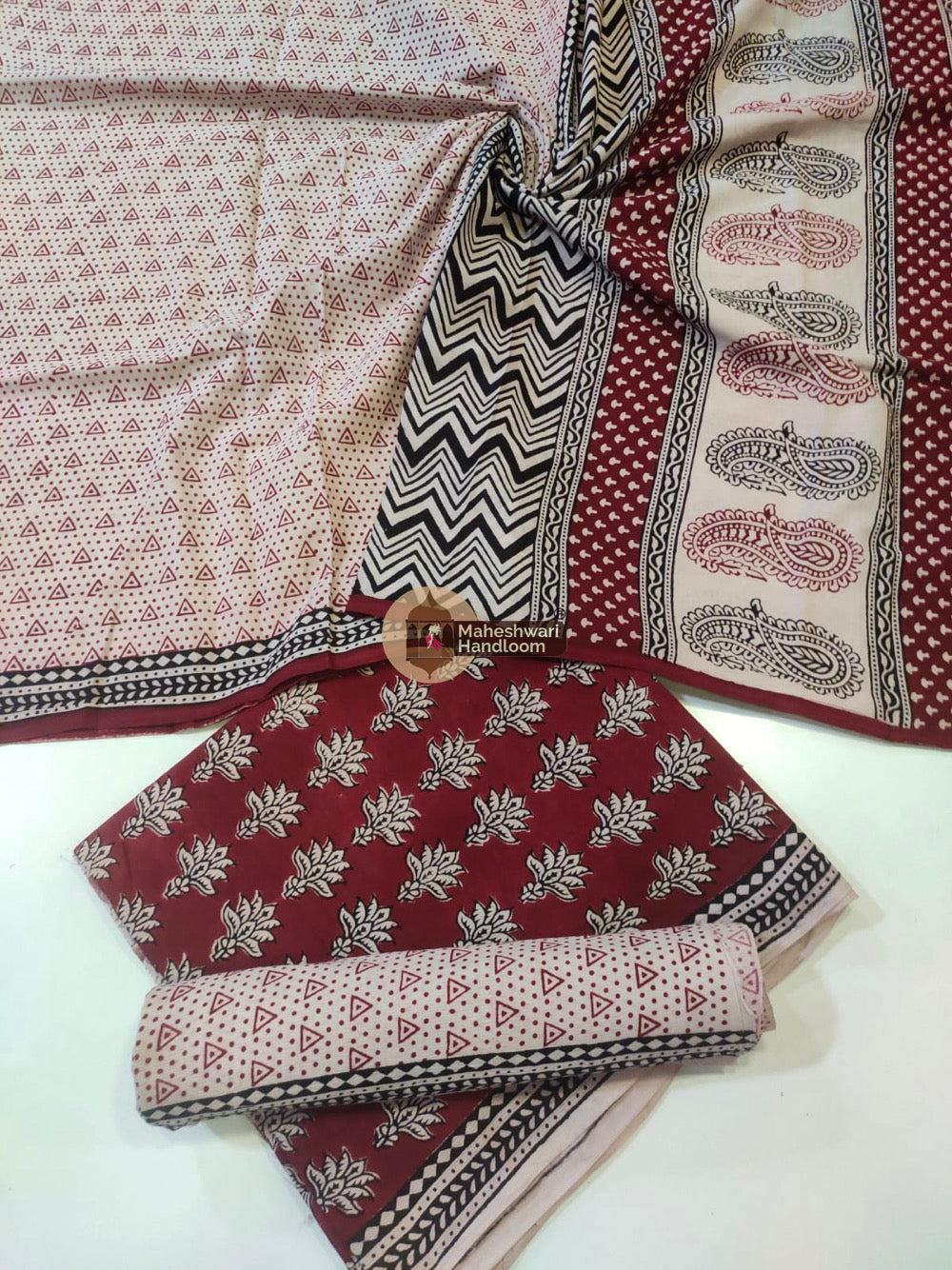 White Red Bagh Print Cotton Suit set 