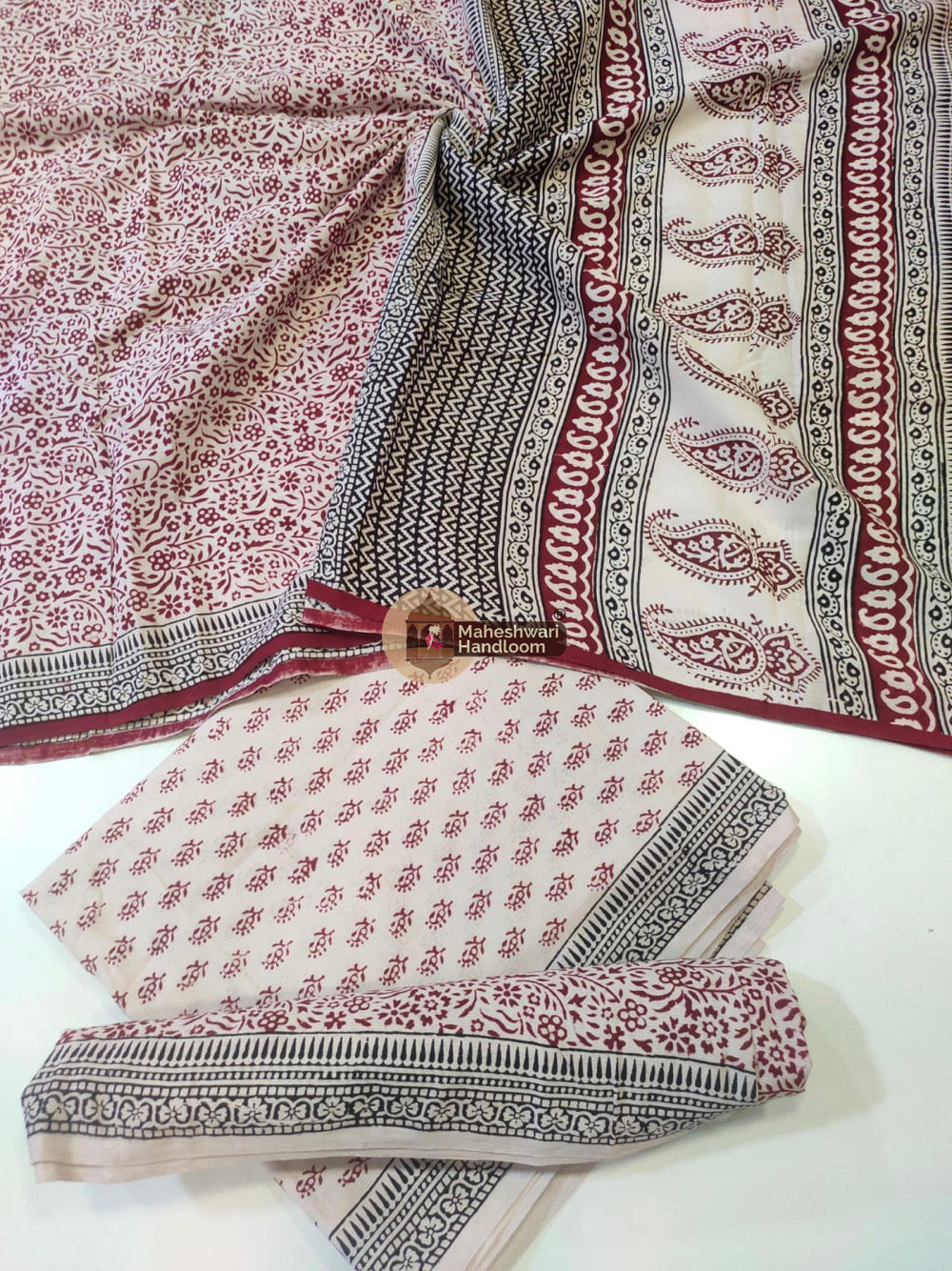 White Red Bagh Print Cotton Suit set 
