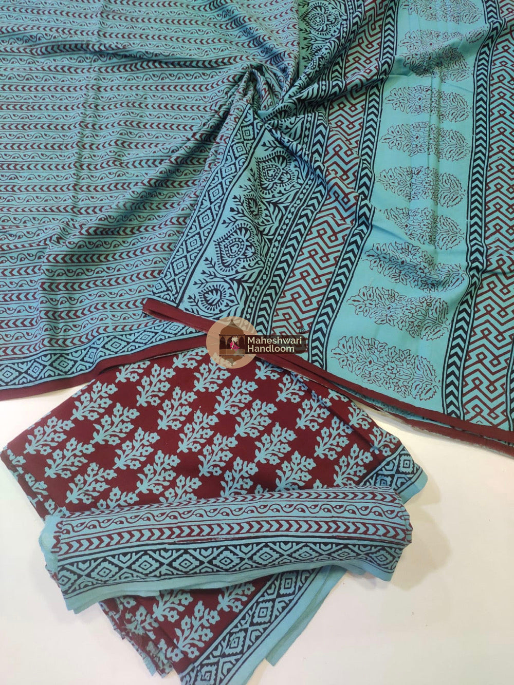 Sky Blue Bagh Print Cotton Suit set 