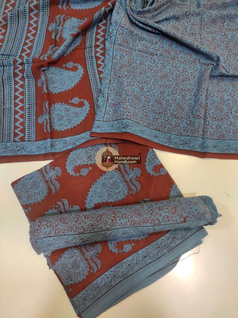 Blue Red Bagh Print Cotton Suit set