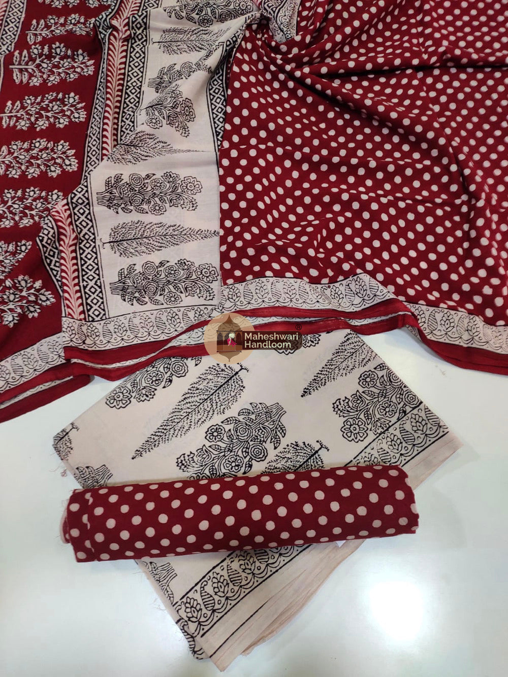 White Red Bagh Print Cotton Suit set 