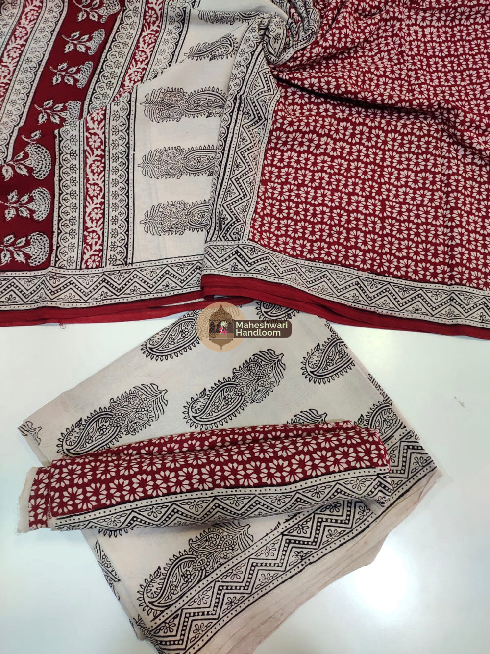 White Red Bagh Print Cotton Suit set 