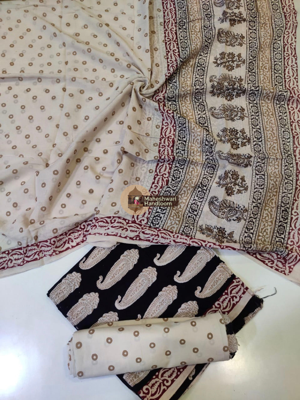 Cream Bagh Print Cotton Suit set