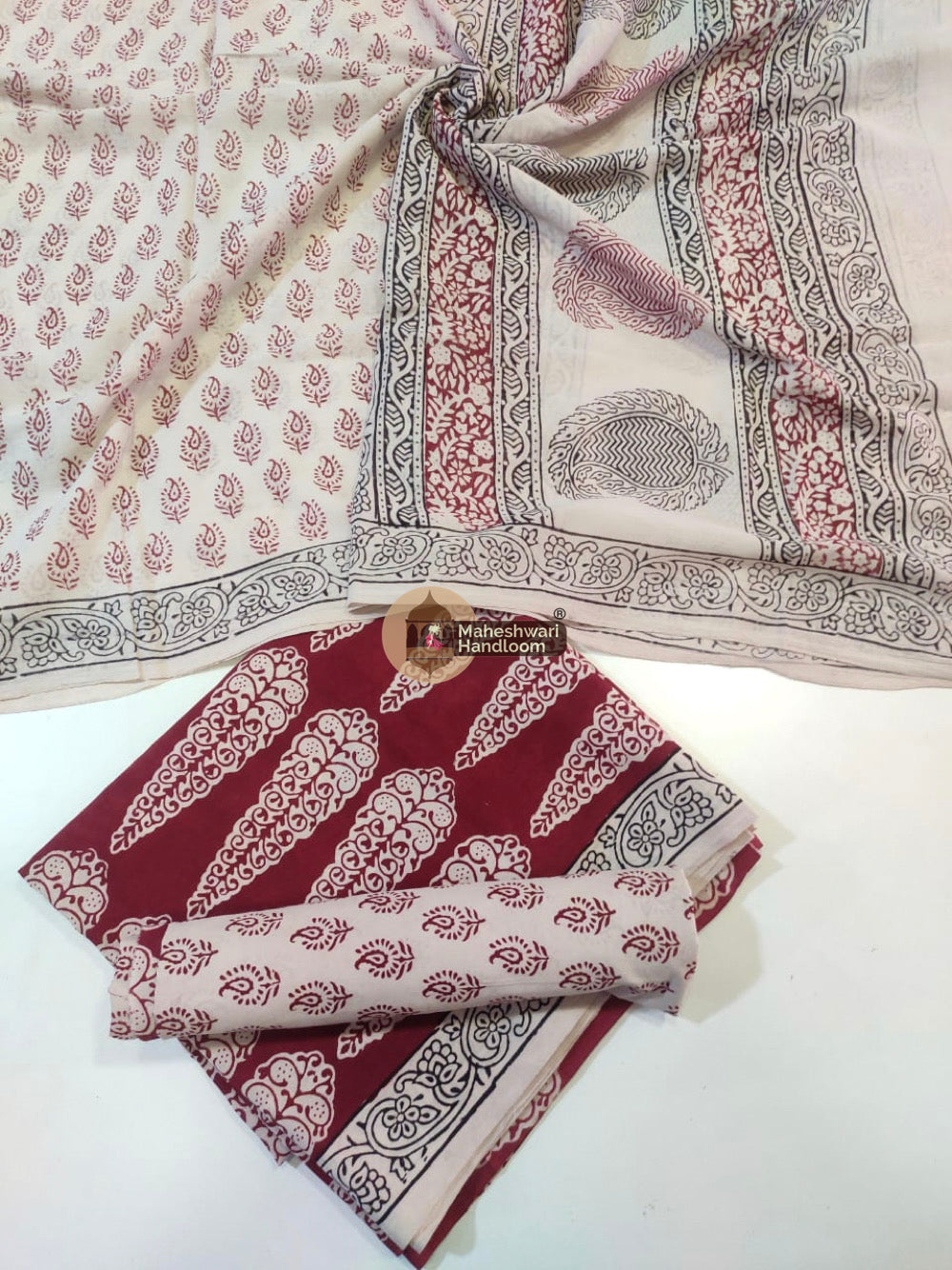 Off White Red Bagh Print Cotton Suit set