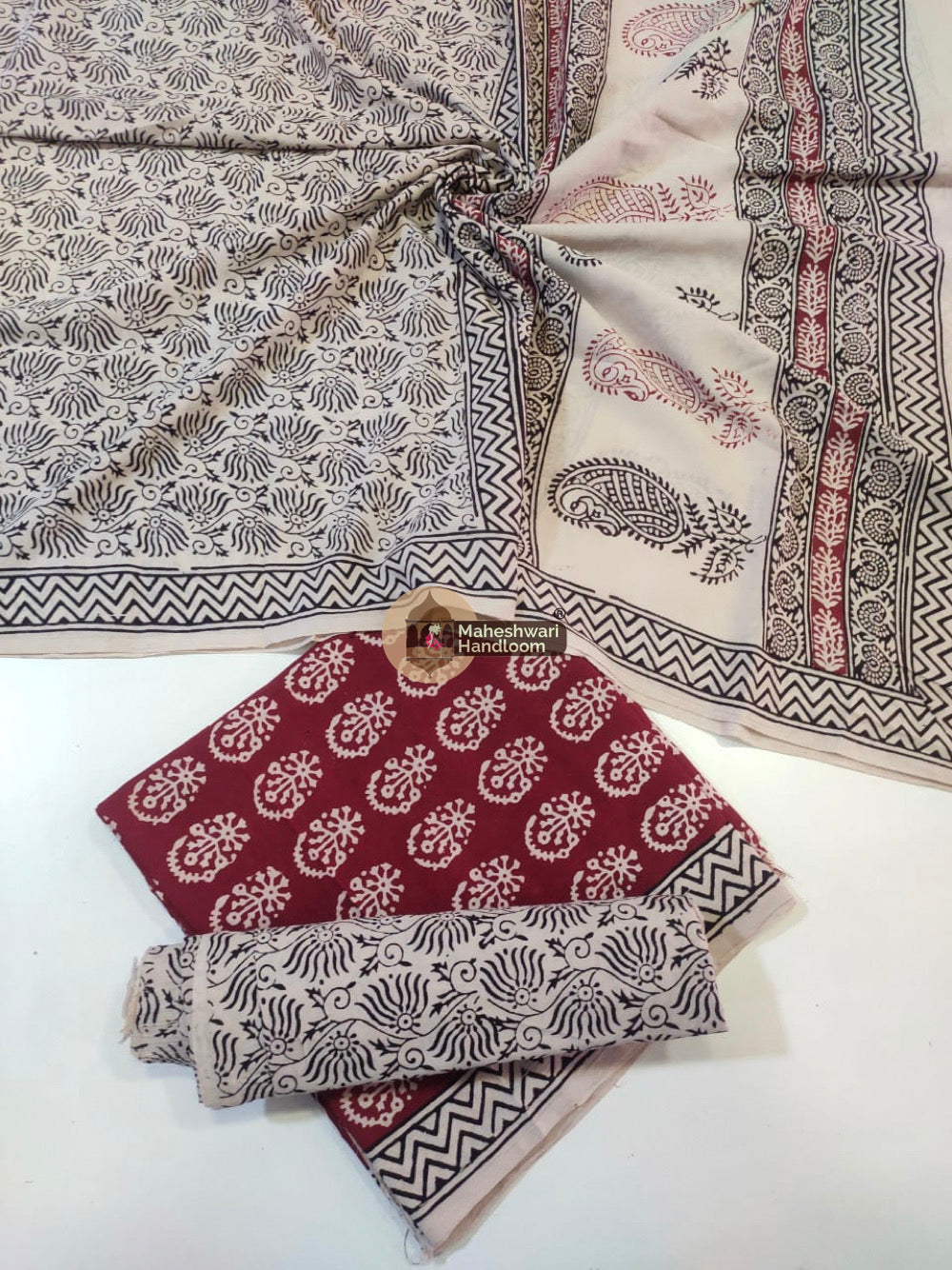 Red White Bagh Print Cotton Suit set